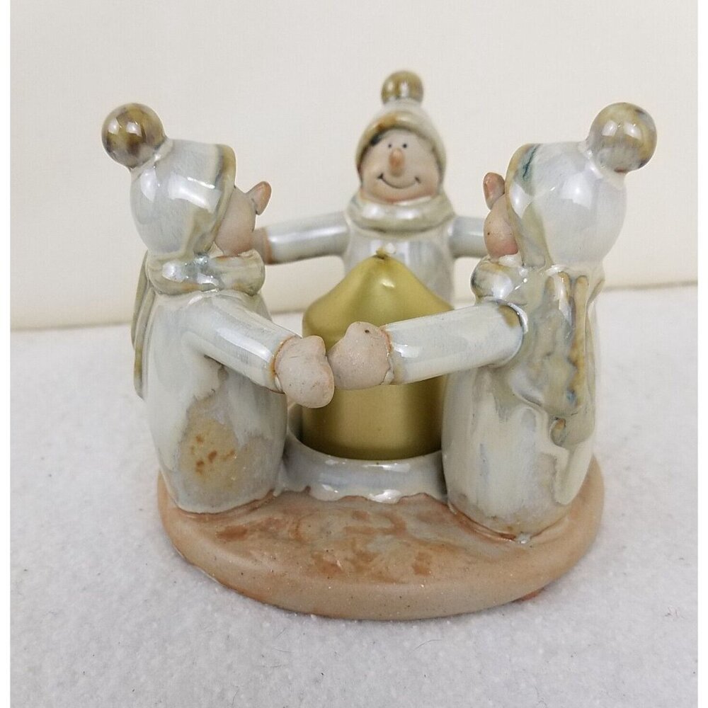 Ceramic circle‎ three snowmen friends candle holder votive glazed Winter holiday